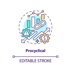 Procyclical concept icon. Move in same direction. Attribute of economic indicators abstract idea thin line illustration. Isolated outline drawing. Editable stroke. Arial, Myriad Pro-Bold fonts used