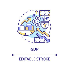 GDP concept icon. Gross domestic product impact. Economic indicator abstract idea thin line illustration. Isolated outline drawing. Editable stroke. Arial, Myriad Pro-Bold fonts used