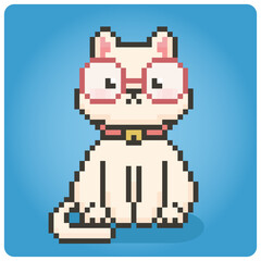 Pixel 8 bit, white cat wear glasses. Animals for game assets in vector illustration.