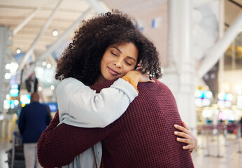 Couple, hug and smile in goodbye at airport for travel, trip or flight in farewell for long...