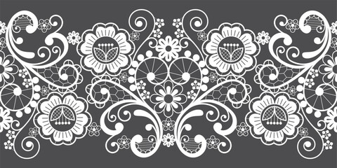 Vintage lace seamless vector long pattern, ornamental repetitive design with flowers and swirls in white on gray background
