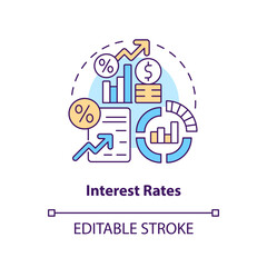 Interest rates concept icon. Federal funds impact. Economic indicators example abstract idea thin line illustration. Isolated outline drawing. Editable stroke. Arial, Myriad Pro-Bold fonts used