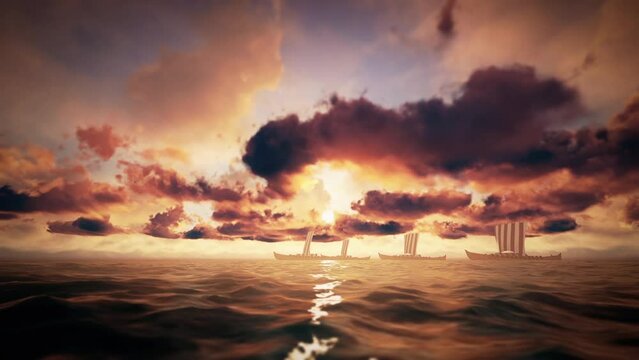 Viking Ships Sunset 3D Video Animation