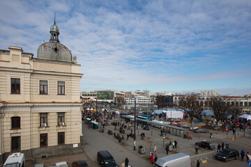 Ukrainian refugees on Lviv railway station waiting for train to escape to Europe during russian war