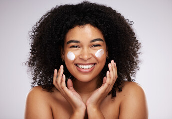 Beauty, cream and portrait of happy black woman for skincare, wellness and healthy skin in studio....
