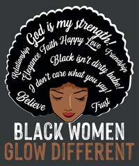 Black Women Glow Different, Be Different Shirt design vector, afro, Black Women, black and proud, juneteenth, black mom, African American,