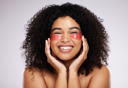 Eye Mask, Skincare And Product With A Model Black Woman In Studio On A Gray Background For Beauty Or Cosmetics. Spa, Relax And Facial With An Attractive Young Female Posing To Promote Afro Treatment