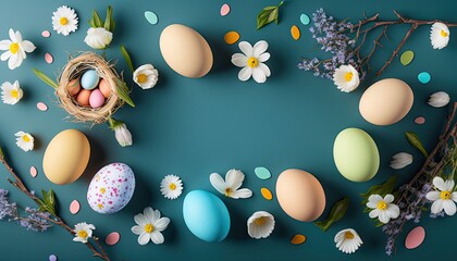 Fototapeta na wymiar Easter composition, eggs and flower on table