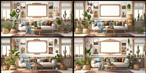 Stylish scandinavian living room with design mint sofa, furnitures, mock up poster map, plants and elegant personal accessories. Modern home decor. Bright and sunny room. Generative AI illustration.