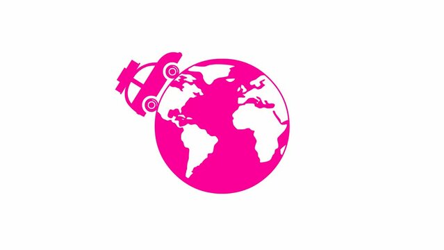 Animated pink car drives around the planet. magenta vintage car with baggage rides. Looped video. Travel concept by car. Trip around the world. Flat vector illustration isolated on white background.
