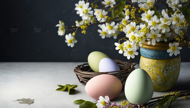 Easter composition, eggs and flower on table