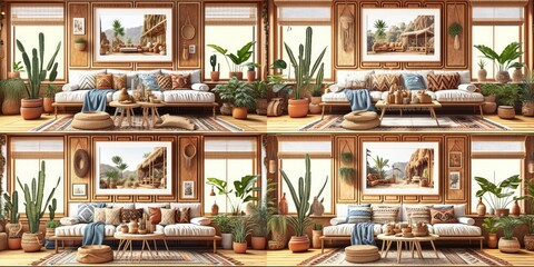 Stylish scandinavian living room with design mint sofa, furnitures, mock up poster map, plants and elegant personal accessories. Modern home decor. Bright and sunny room. Generative AI illustration.