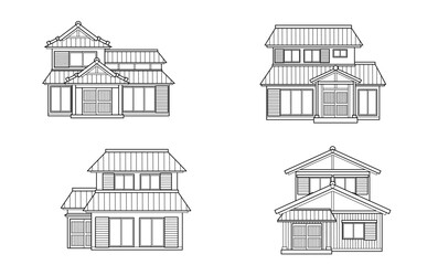 線画のみの日本家屋のイラストセット