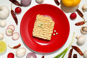 Concept of instant food, instant noodles, top view