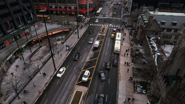 chicago city at 5 PM. Medium Aerial shot. No faces regonizble.