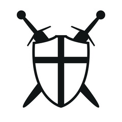 shield with cross and two crossed swords symbol, vector illustration of medieval sword isolated on a white