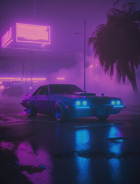 Cool Ride: Purple and Blue Hued Muscle Car in an Empty Parking Lot