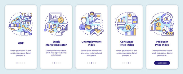 Economic indicators onboarding mobile app screen. Analytics walkthrough 3 steps editable graphic instructions with linear concepts. UI, UX, GUI template. Myriad Pro-Bold, Regular fonts used