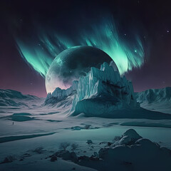 land covered with eyes, night time, bright aurora in the sky