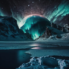 land covered with eyes, night time, bright aurora in the sky