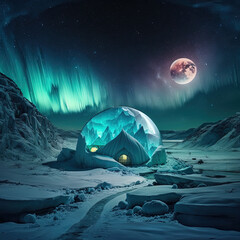 land covered with eyes, night time, bright aurora in the sky