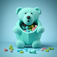 A 3D Rendered Blue Teddy Bear on a Light Green Background