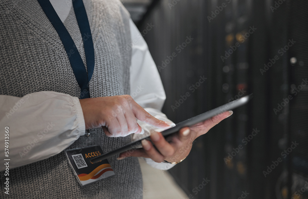 Aufkleber woman, hands and tablet in server room for networking, inspection or checking systems at office. han