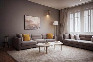 Stylish scandinavian living room with design mint sofa, furnitures, mock up poster map, plants and elegant personal accessories. Modern home decor. Bright and sunny room. Generative AI illustration.