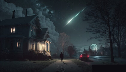 A Glimmer of Hope: A Depressed Man Watches a Shining Shooting Star in a Dark Night Sky