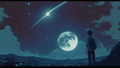 A Glimmer of Hope: A Depressed Man Watches a Shining Shooting Star in a Dark Night Sky
