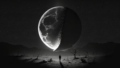 A Glimmer of Hope: A Depressed Man Watches a Shining Shooting Star in a Dark Night Sky
