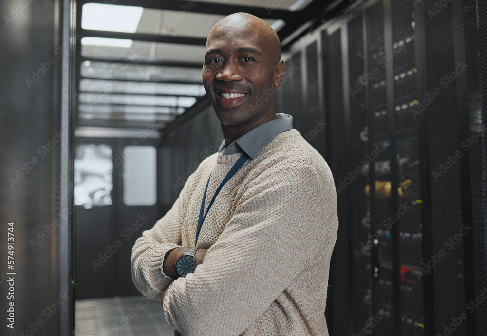 Poster Black man, IT technician in server room and portrait with smile, company mainframe and software update. Network, datacenter and cybersecurity. African male and engineering with digital infrastructure