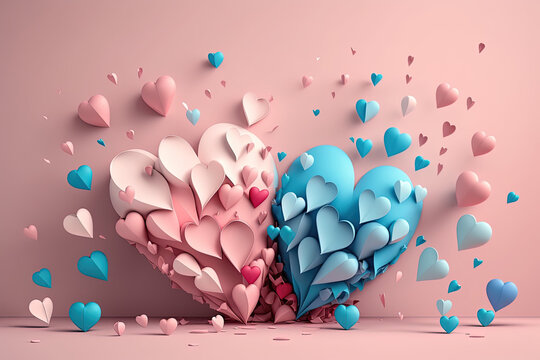 Love Takes Flight: Pink and Blue Hearts Soar on Soft Pink Background