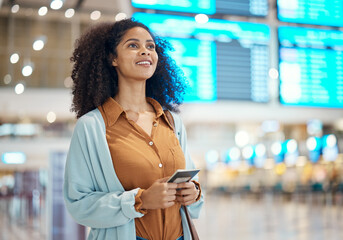 Black woman at airport, travel and passport for holiday, ready with smile, plane ticket and...