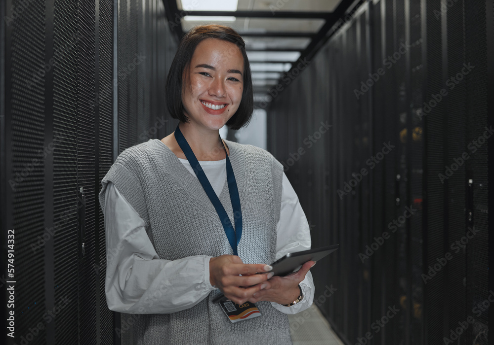 Poster Asian woman, portrait smile and technician with tablet in server room for networking, maintenance or system inspection. Happy female engineer smiling with touchscreen in data management or monitoring