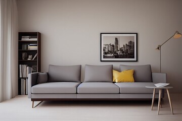 Fototapeta premium Stylish scandinavian living room with design mint sofa, furnitures, mock up poster map, plants and elegant personal accessories. Modern home decor. Bright and sunny room. Generative AI illustration.