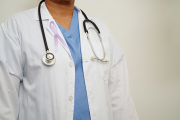 Asian woman doctor with purple ribbon, World Pancreatic Cancer day or World Alzheimer day.