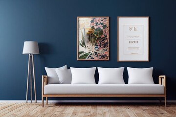 Stylish scandinavian living room with design mint sofa, furnitures, mock up poster map, plants and elegant personal accessories. Modern home decor. Bright and sunny room. Generative AI illustration.