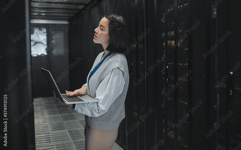 Poster server room, laptop and young woman or technician in data center management, system and cyber securi