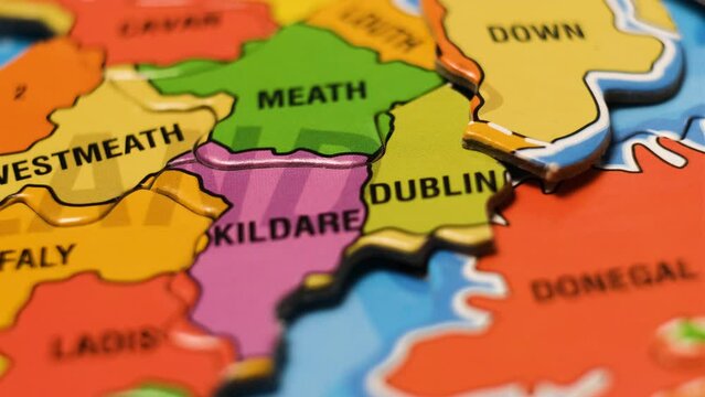 Ireland Map Puzzle Blocks with Irish Cities. Close-Up Video Background, Dolly Footage.