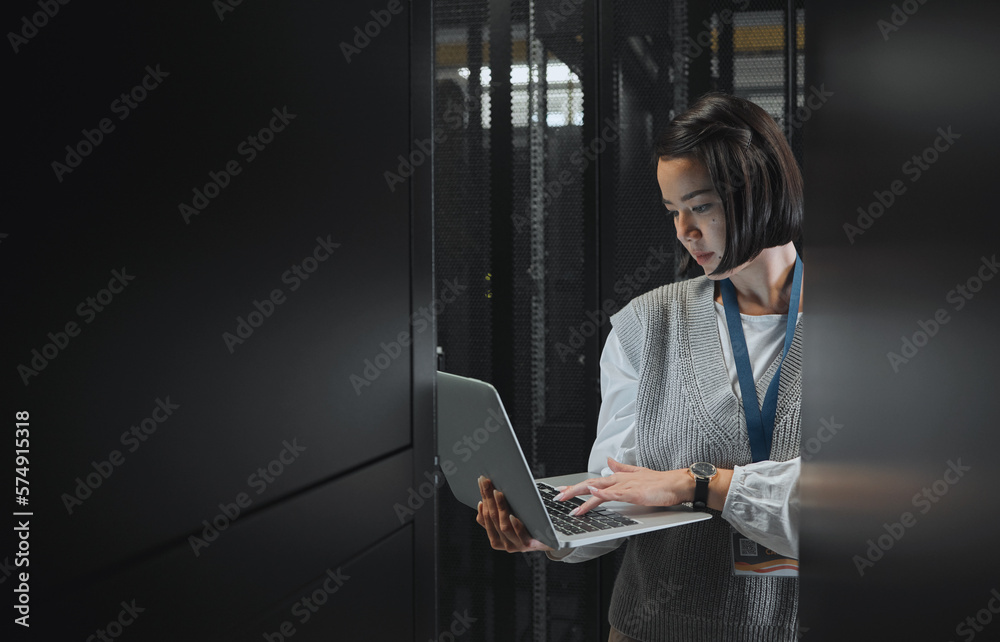 Poster Woman with laptop, datacenter and information technology, engineer and server room with software update. Tech industry, cybersecurity and network with Asian female setting up firewall and database