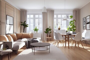 Fototapeta premium Stylish scandinavian living room with design mint sofa, furnitures, mock up poster map, plants and elegant personal accessories. Modern home decor. Bright and sunny room. Generative AI illustration.