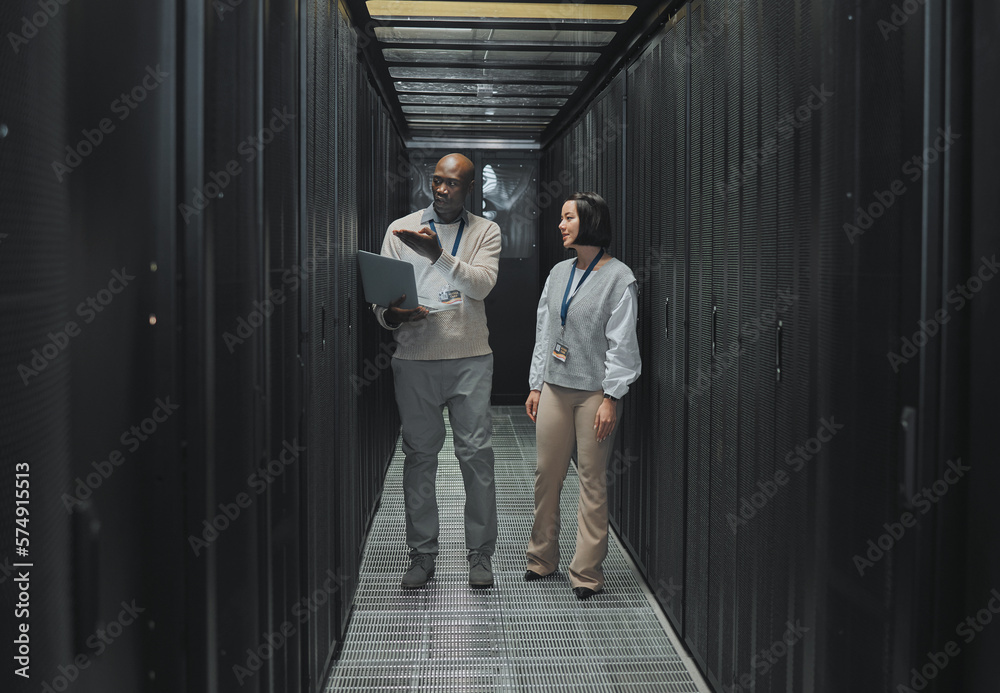 Poster Server room, teamwork or people on laptop for software management, system upgrade or cyber security. Network technician, engineer or programmer staff on tech for information technology or programming