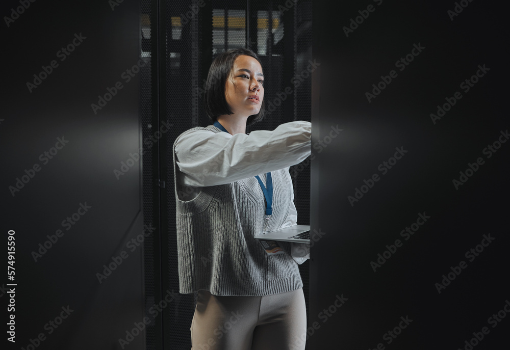 Poster Laptop, maintenance or serious IT woman in server room for research, engineer in data center. Computer, cybersecurity and girl programmer with tech for problem solving, diagnose or troubleshooting