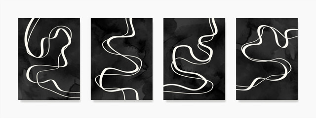 Contemporary wall art with organic abstract brush stroke shapes and white lines on black canvas. Home decor for wall decoration, covers, invitations, banners, brochures, posters, cards.
