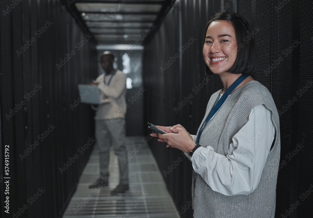 Poster Technician, woman and portrait with phone in server room for digital management, coding and tech. Female engineering, mobile technology and data center for programming, cyber administration and smile