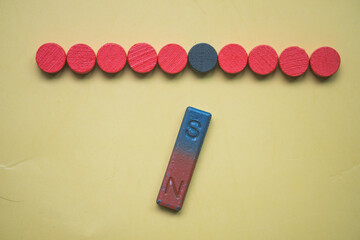 Red and blue bar magnet or physics magnetic attract selects one wood block from the row. Recruitment, Teamwork, strategy, toxic people and leadership Concepts