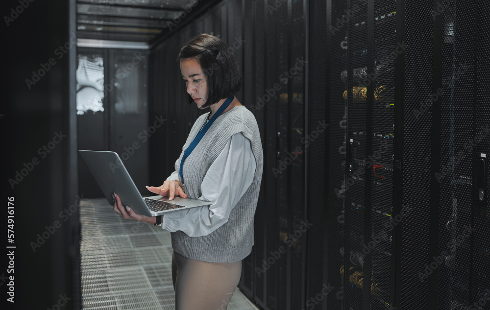 Poster server room, laptop and technician woman for data center management, system update and cyber securit
