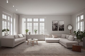 Fototapeta premium Stylish scandinavian living room with design mint sofa, furnitures, mock up poster map, plants and elegant personal accessories. Modern home decor. Bright and sunny room. Generative AI illustration.