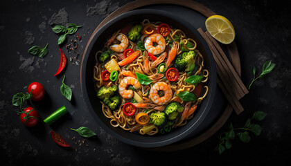 Stir fry noodles with vegetables and shrimps in black bowl. Slate background. Top view. Copy space. Generative AI